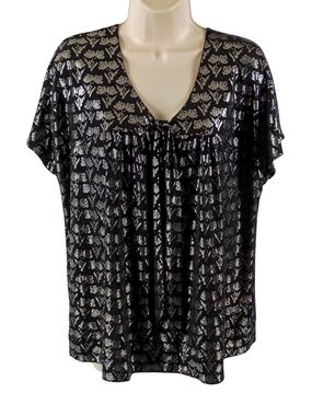 attention Black Metallic Floral V-Neck Blouse